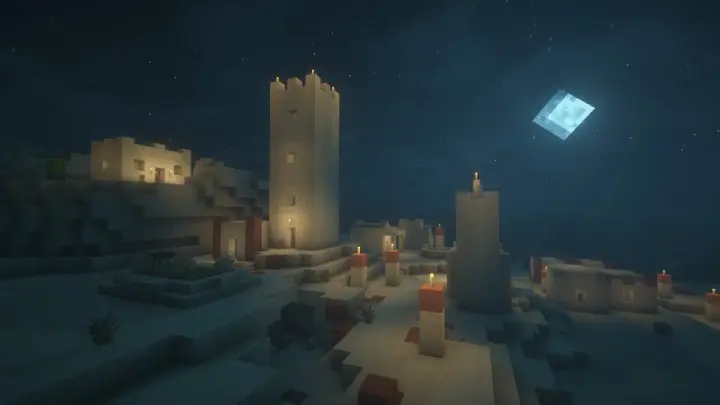 Village Minecraft éclairé aux torches, de nuit